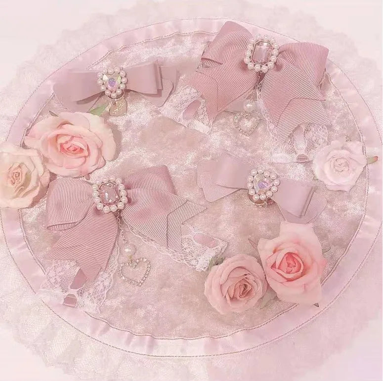 Japanese Sweet Cute Handmade Rhinestone Bow Hairpin Pearl Lace Hairclips Lolita Women Girls Side Clip Bag Pendant Handbag Charms