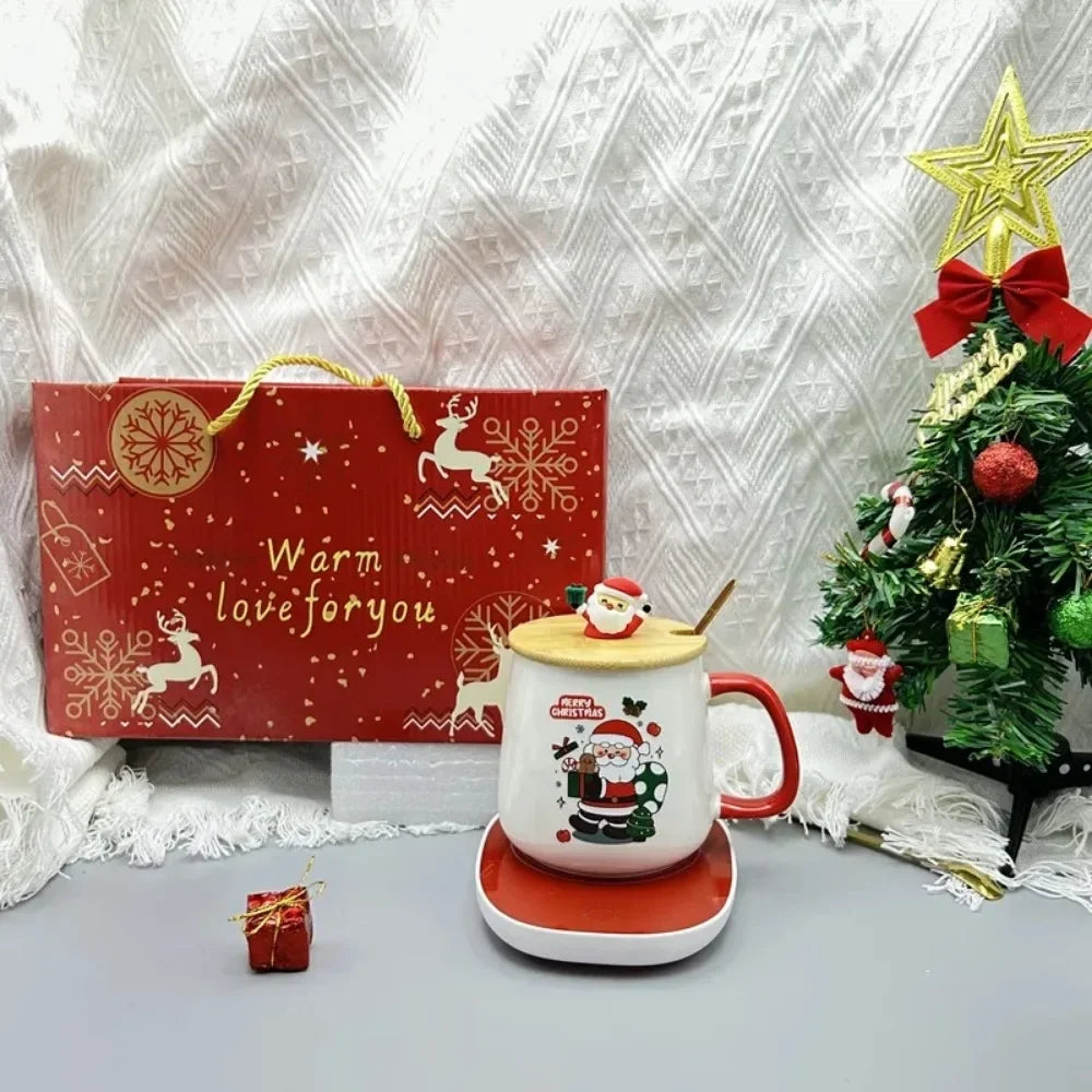 2025 Christmas Gift Set: Warm 55℃ Ceramic Mug with Lid featuring Santa Claus for Office or Home Use