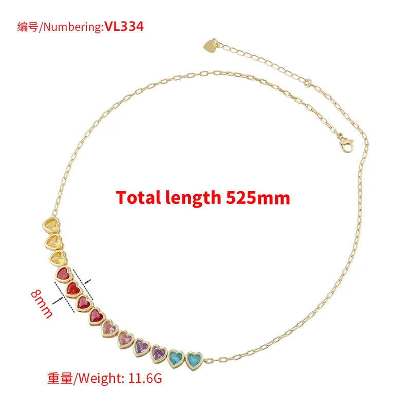 ZHUKOU Heart Rainbow bracelet for women 6 colors CZ stones necklace for women Summer adjustable jewelry sets wholesale VL333