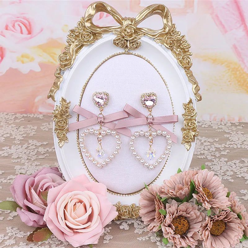 Dainty Japanese Style Women's Bow Earing Sweat Pearl Heart Earings Rhinestone Pendant Heart Earrings Accessories for Girl