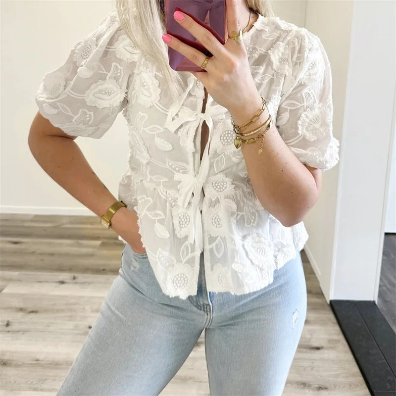 Lamuusaa Babydoll Tops Women y2k Clothes Floral Embroidery Round Neck Puff Short Sleeve Shirts Elegant White Blouses Streetwear