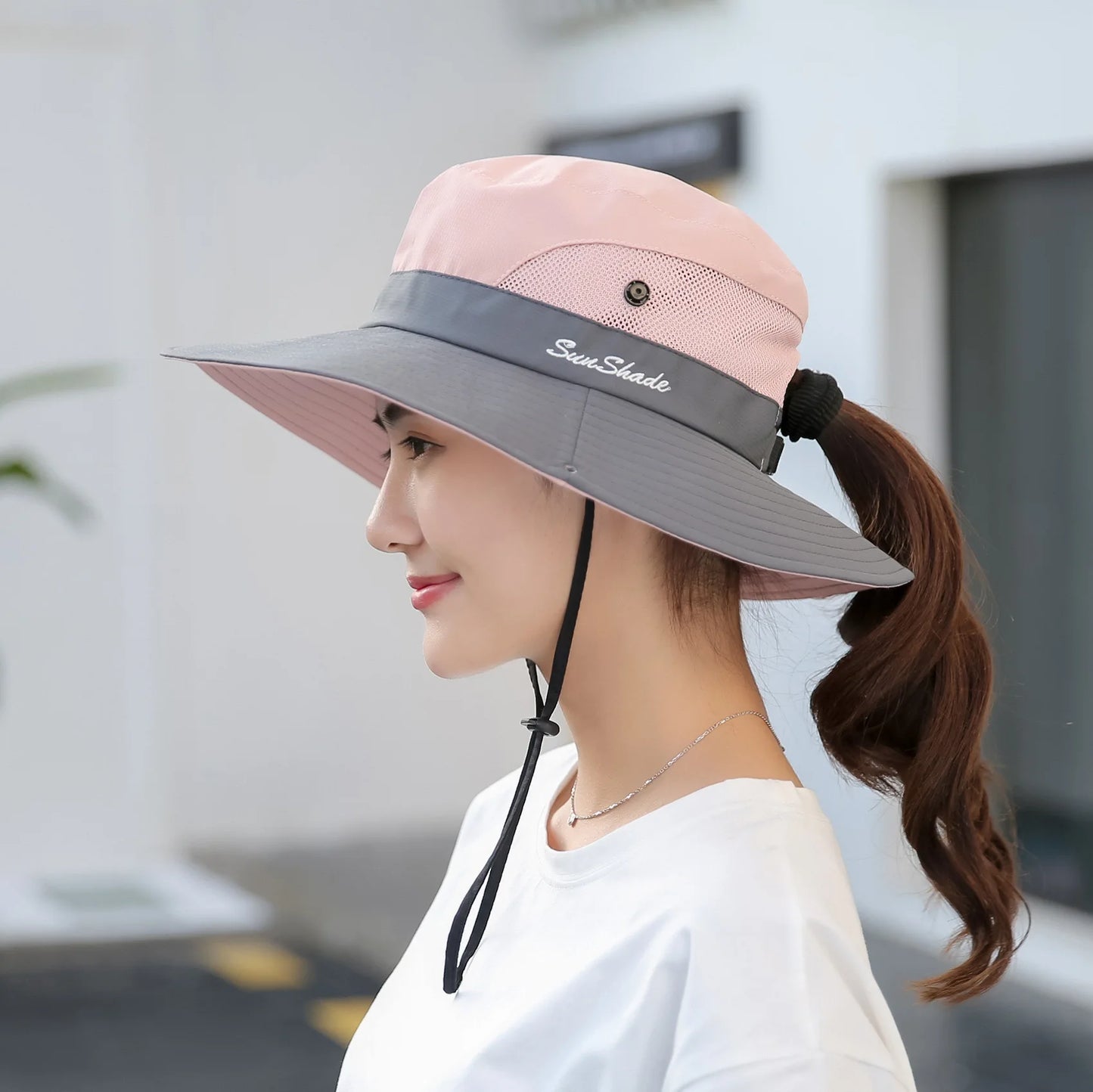 Women Summer Adjustable Bucket Hat with a Ponytail Hole Girls Sun Protection Hiking Cap Parent-child Outdoor Wide Brim Headgear