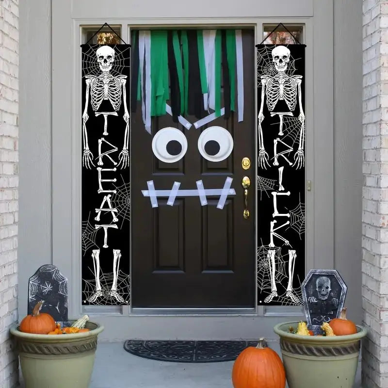 VIKAMA Ghost Skull Halloween Door Banner, Trick or Treat Decor Hanging Background Door Porch Welcome Sign Party Supplies
