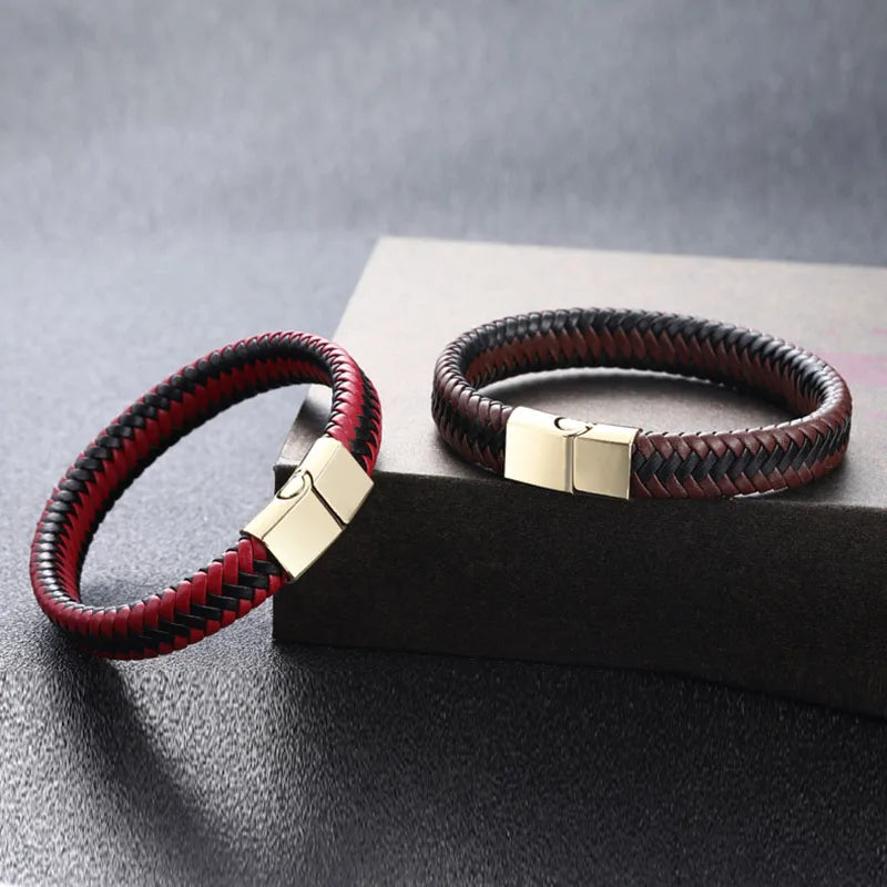 Vintage Genuine Leather Bracelet for Men Handmade Woven Bracelet Magnetic Clasp Wrap Bracelet Homme Hand Jewelry Accessories New