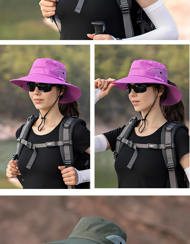 Women Summer Adjustable Bucket Hat with a Ponytail Hole Girls Sun Protection Hiking Cap Parent-child Outdoor Wide Brim Headgear