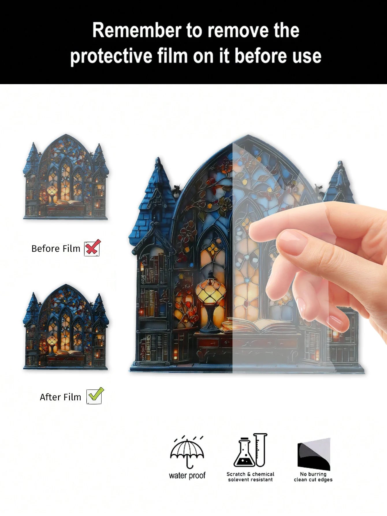 Halloween Gothic House Hanging Decor Acrylic Building Shape with Book & Lantern Design Window Pendant Art Wall Ornament for Home
