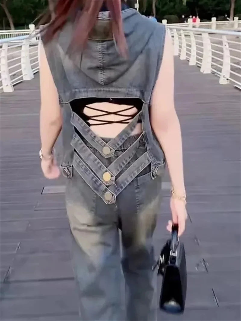 Fashion Fashion Backless Hooded Denim Vest 2025 Spring Summer Autumn New Korean Women's Vest Jacket Sleeveless Denim Jacket Top