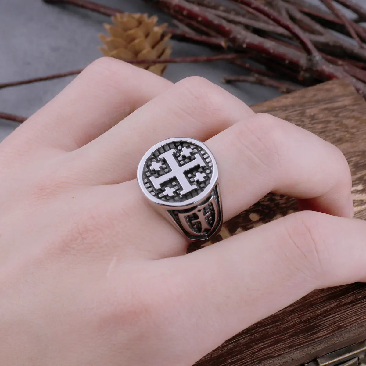 316L Stainless Steel Vintage Religious Jerusalem Cross Rings Men's Fashion Hip Hop Biker Rings Religious Jewelry Wooden Box