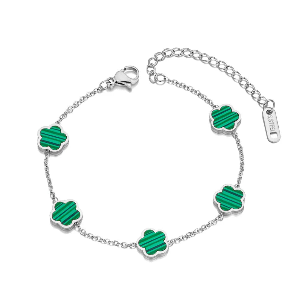 JeeMango Fashion Stainless Steel White Black Green Shell Flower Charm Bracelets For Women Real Gold Plated Chain Jewelry JB23071