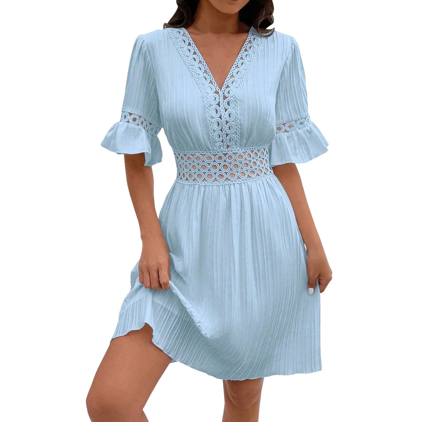 Women Sexy V Neck Flying sleeve Mini Dress Summer Hollow Embroidery Lace Patchwork Party Dress Casual Loose Beach A-Line Dress