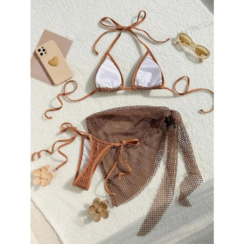 Sexy Bikinis Swimsuits Women 3 Piece Spliced Triangle Halter Backless Bikini Set Bandage Cover Up 2025 New Vacation Beachwear