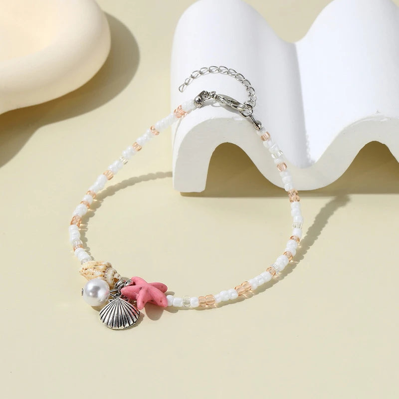 Boho Starfish Conch Bracelet Anklets for Women Cute Adjustable Shell Rice Beads Ankle Bracelets Girls Summer Foot Beach Jewelry