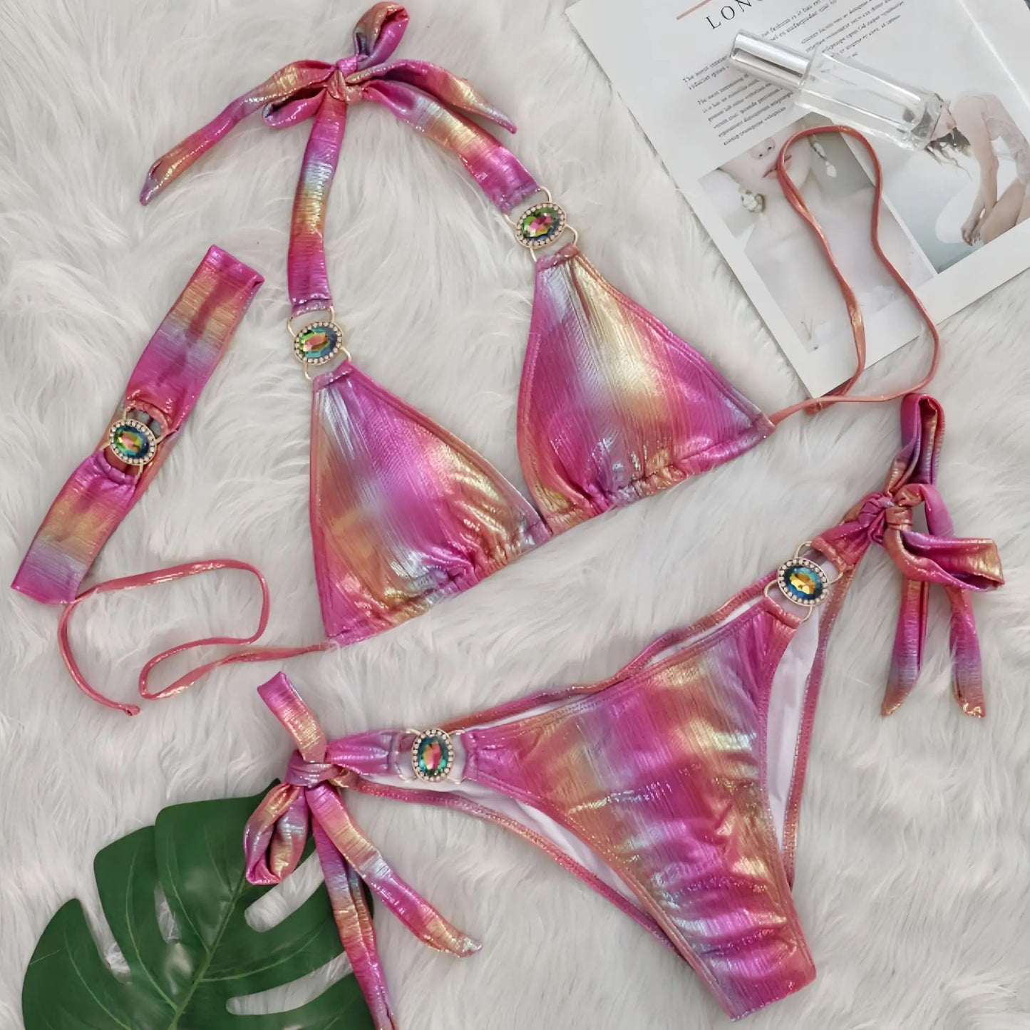 2025 New Diamond Rhinestone 3pcs Bikinis Set Crystal Patchwork Push Up Bandage Female Swimsuit with Hairband Bather Bathing Suit