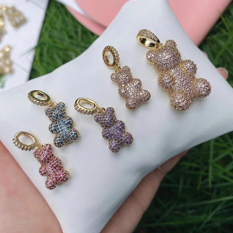 Luxury Fine Inlaid Rainbow Cubic Zirconia Charm Pendant,Cute Bear Jewelry Necklace Bracelet Making Wholesale Supplies M85