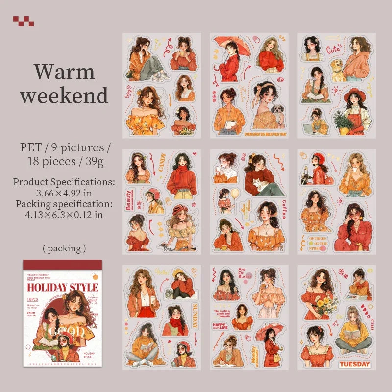 18Pcs PET Sticker Book Holiday Style Decorative Character pack Girls Bottom Daily Stationery Background Scrapbook cut 160*105mm