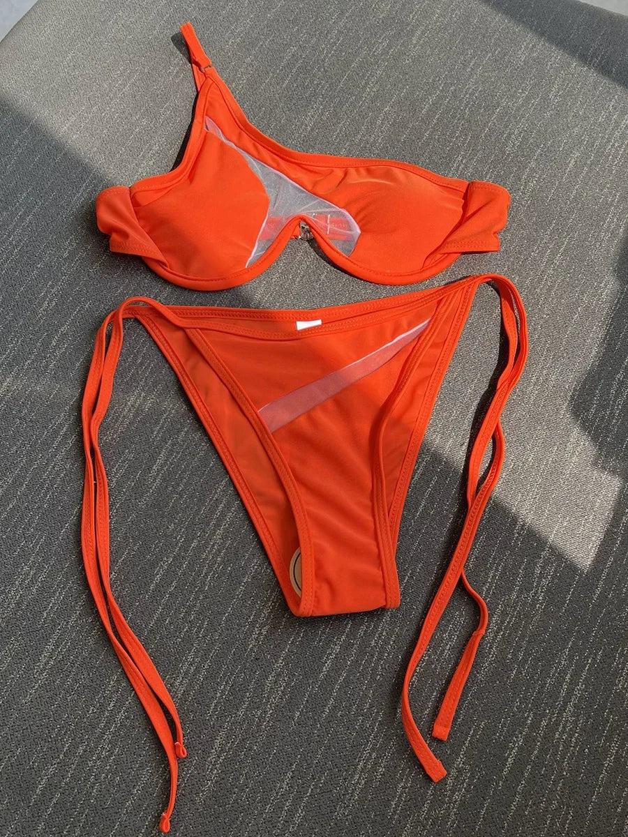 Splicing Mesh One Shoulder Underwire V-bar Bikini Women Swimsuit Female Swimwear Two pieces Bikini set Push Up Bathing suit Swim