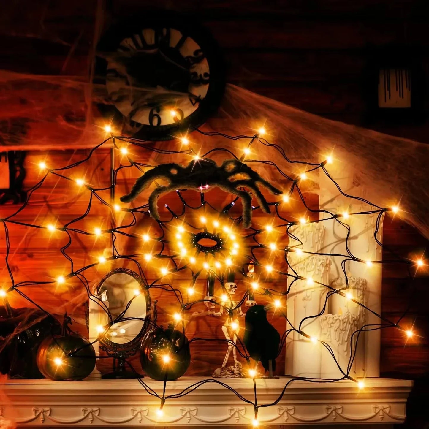 Halloween Window Decorations Purple Spider Web String Lights with 70 LEDs Battery Powered Remote Control 8 Modes for Party Decor
