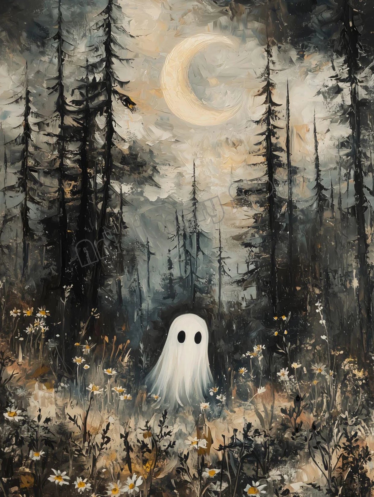 Spooky Halloween Town Folk Magical Forest Ghost Pumpkin Illustration Poster Canvas Painting Wall Pictures Holiday Home Decor
