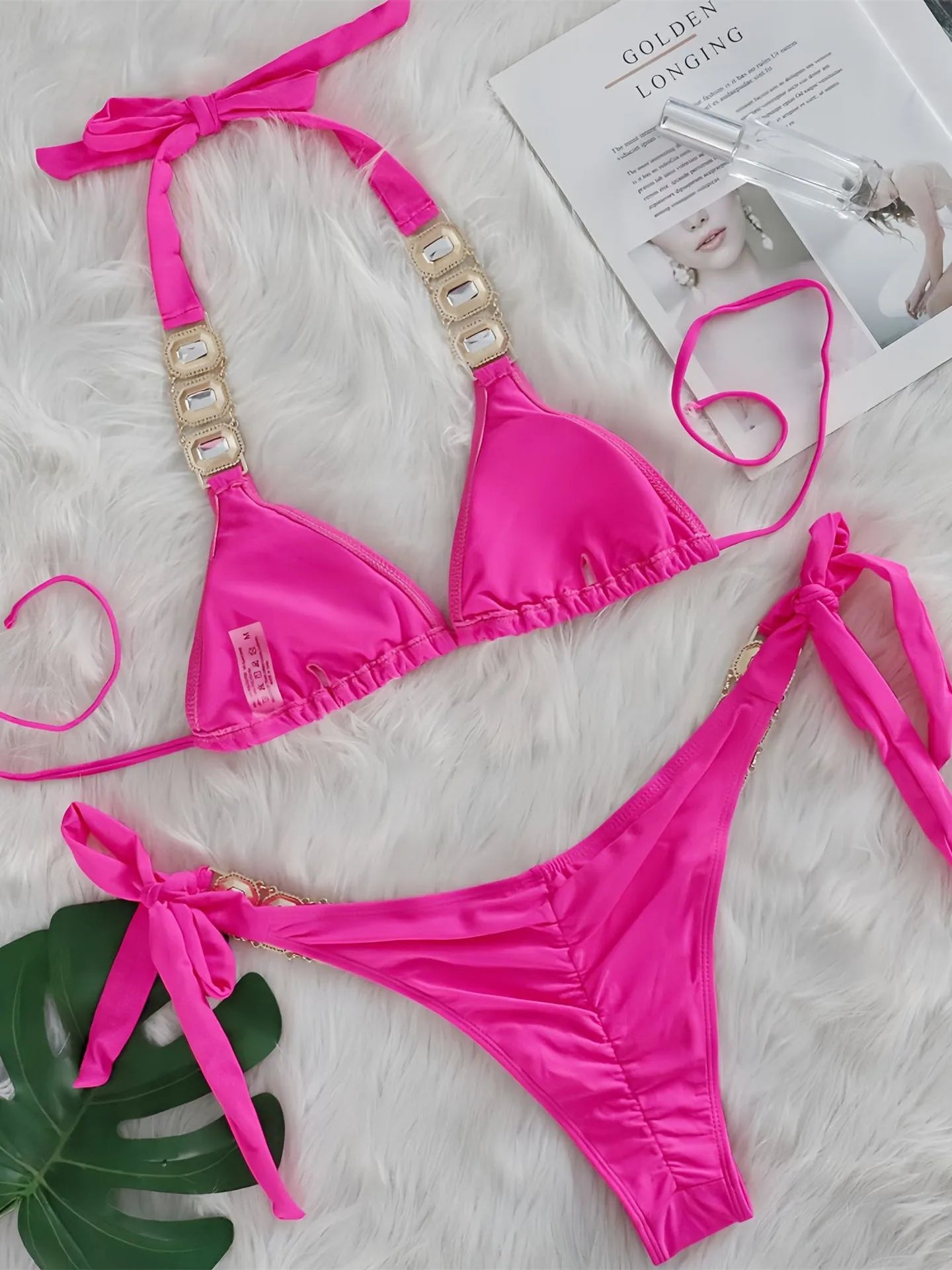 Sexy Rhinestone Bikini Set Women 2025 Luxury Pink Crystal Diamond Push Up Bandage Thong Swimsuit Beach Bathing Suit Swimwear