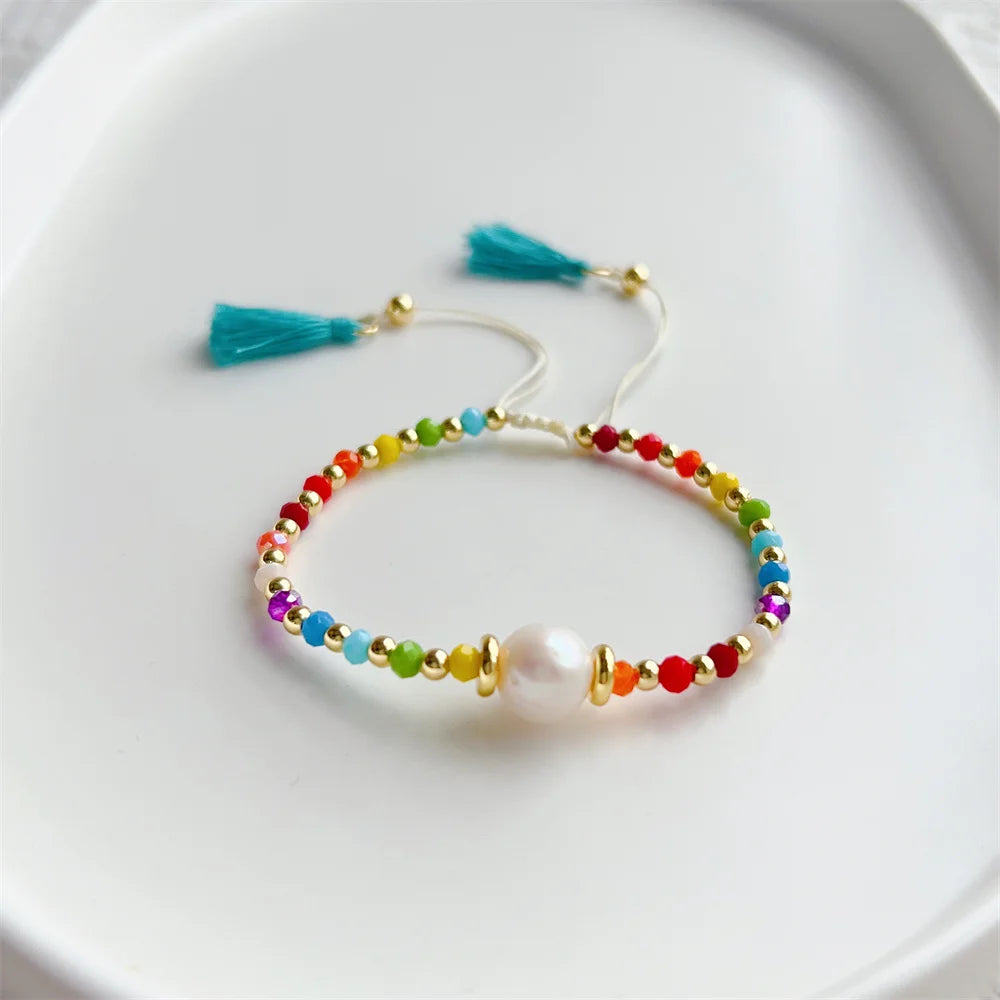 KKBEAD Boho Rainbow Tassel Bracelet Jewelry for Women Natural Pearl Colorful Crystal Beaded Bracelets Pulseras Femme