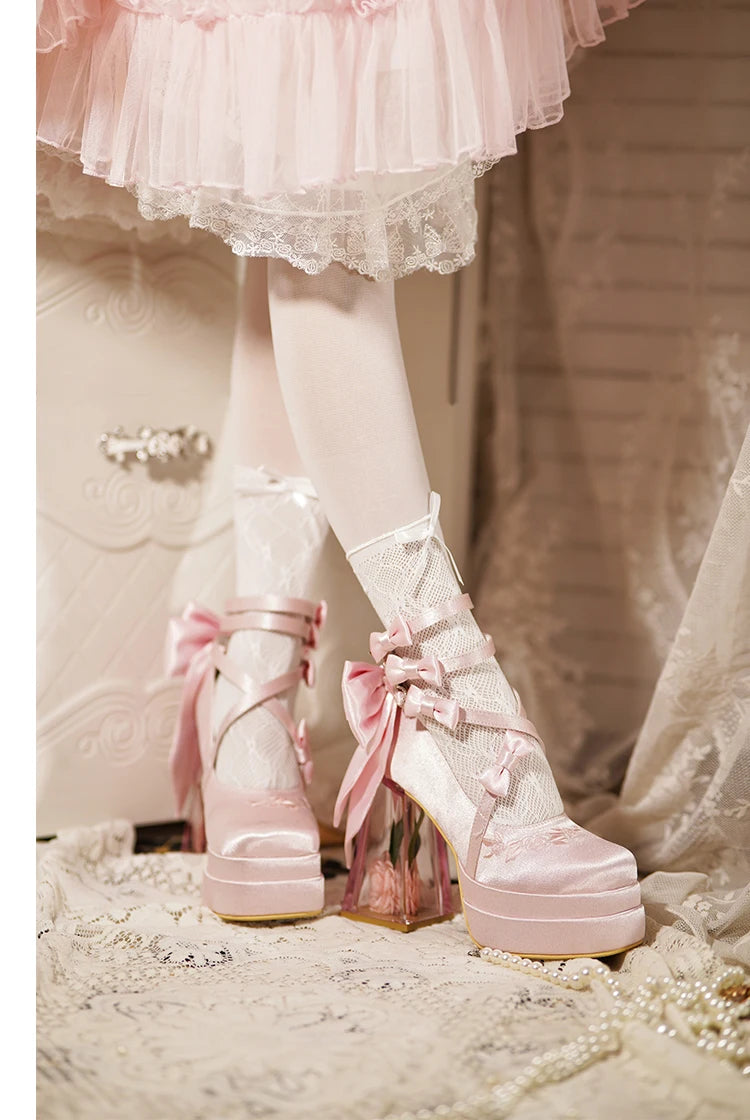 Original Lolita High Heels Elegant Ladies Camellia Embroidery Sweet Bow Satin Mary Jane Shoes Cos Shoes Women's Chunky Heels