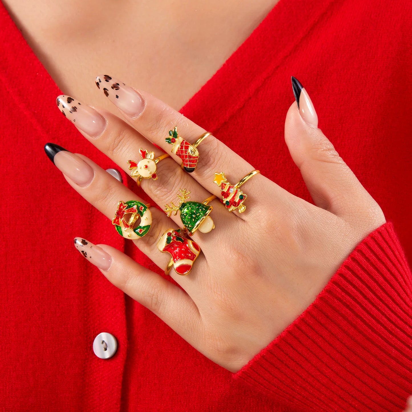 Christmas Tree Zircon Christmas Opening Ring For Women Dripping Oil Santa Cartoon Ring Elk Snowman Xmas Party Jewelry Friend