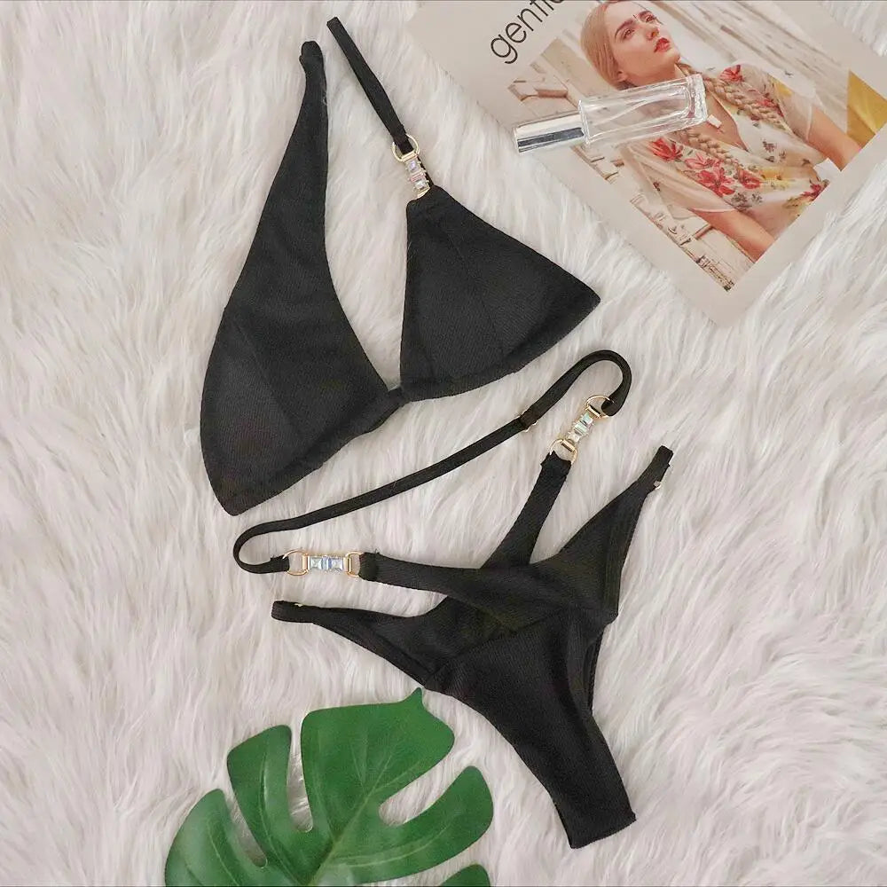2024 New In Women's Summer Sexy Pink String Bikini Sets Crystal Rhinestone One Shoulder Swimsuit Beach Luxury Swimwear