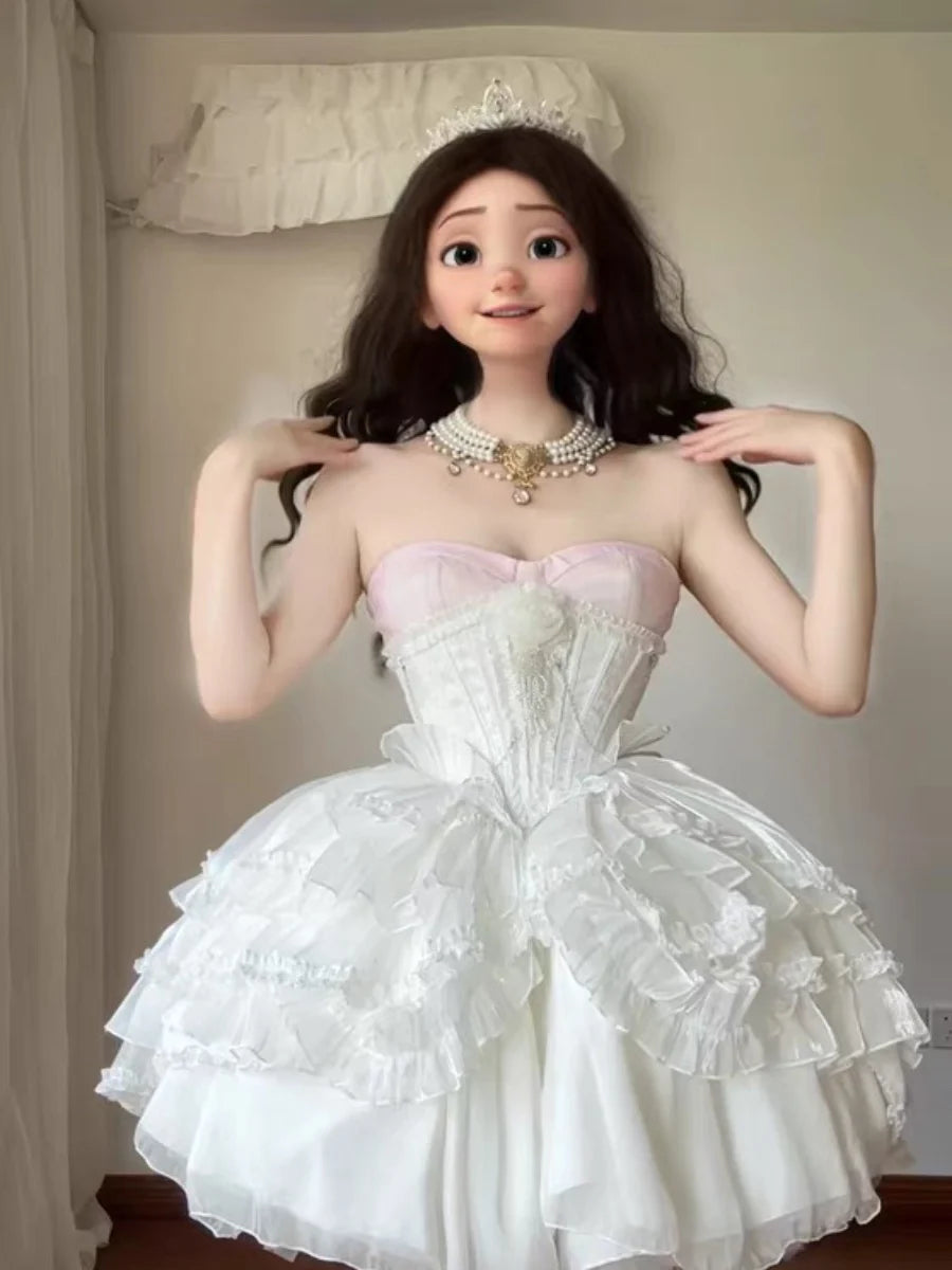 Tube Top Dress Sweet Japanese Lolita Heavy Industry Birthday Dresses Waist Thin Bow Trailing Fluffy Princess Vestidos For Women