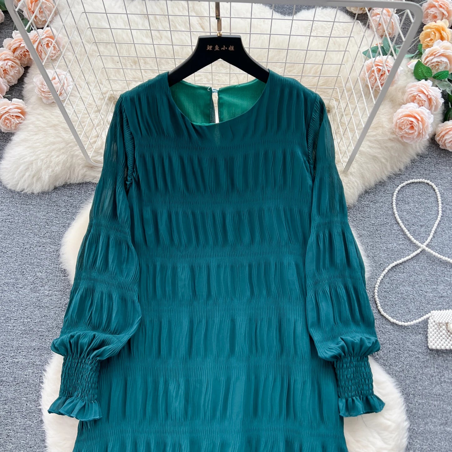 Autumn Vintage Women Draped Loose Midi Dress Elegant Round Collar Puff Long Sleeve Robe Casual Yellow/Burgundy/Green Vestido New