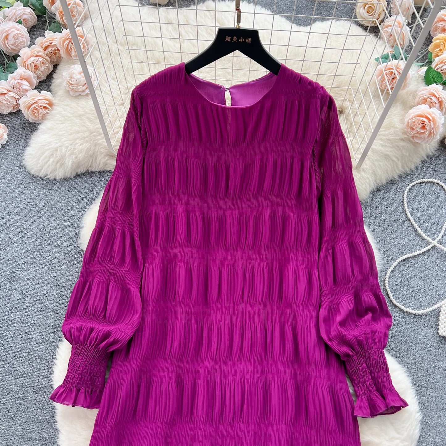 Autumn Vintage Women Draped Loose Midi Dress Elegant Round Collar Puff Long Sleeve Robe Casual Yellow/Burgundy/Green Vestido New