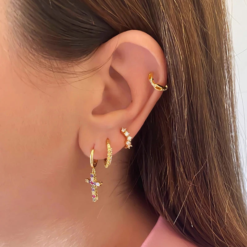 Colorful Crystal Earrings 925 Sterling Silver Ear Needle Stud Earrings for Women Cross Dangle Earrings Party Wedding Jewelry