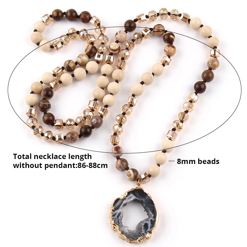 Fashion Bohemian Tribal Jewelry Crystal / Stone Long Knotted Irregular Druzy Stone Pendant Necklaces For Women