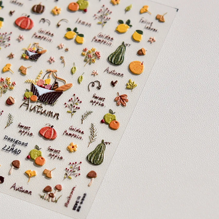 Classic Red Maple Leaves Golden Ginkgo Autumn Harvest 5D Nail Art Sticker Cute Pumpkins Ladybug Mushrooms Adhesive Manicure Deca
