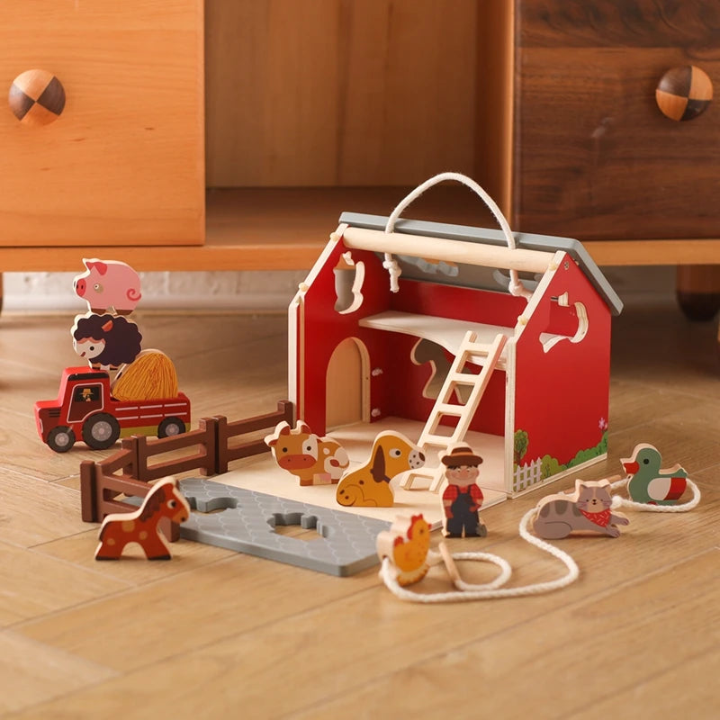 Children Montessori Wooden Toys Dinosaur Car Animal Park Barn Toy Wooden Stacking Game Kid Educational Toy Christmas Gift