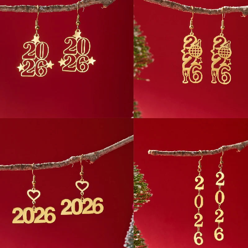2026 Number Gold Color Stars Drop Earrings for Women Geometric Dangle Hanging Earrings Party New Year Jewelry Gifts