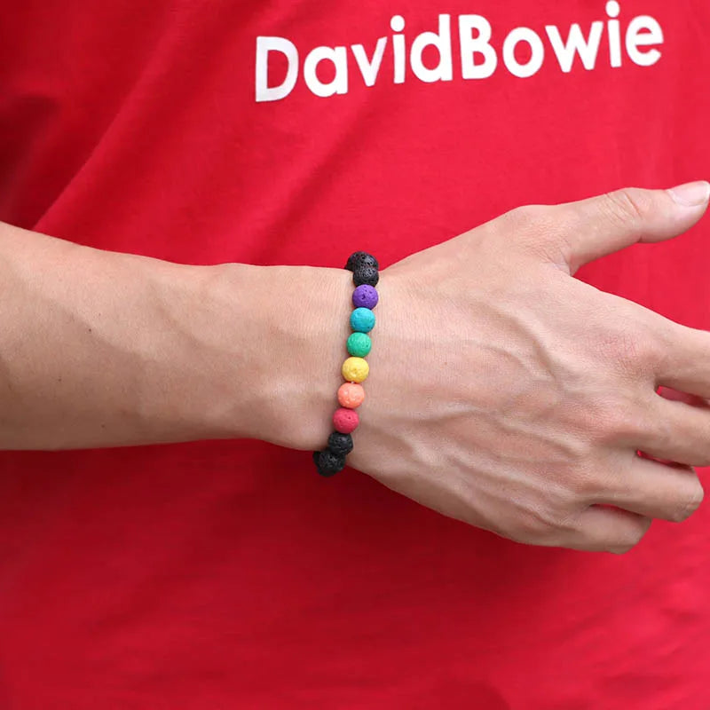 Colorful Lava Stone Bracelet Men Women 8mm Natural Onyx Tiger Eye Beaded Braclet Rainbow Friendship Brass Braslet