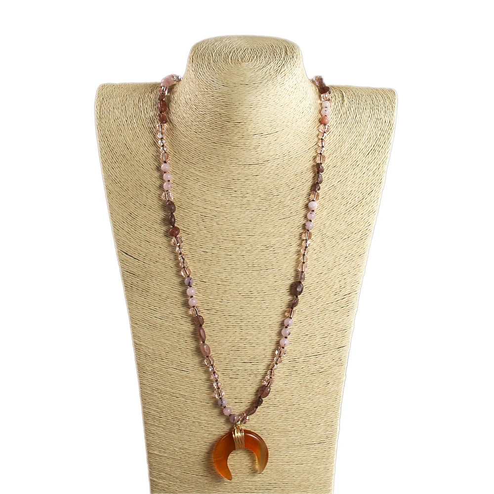 New Natural Crystal Aventurine Jade Agate Bull Horn Pendant 6mm Natural Stone Glass Knot Necklace Sweater Chain Women's Gift