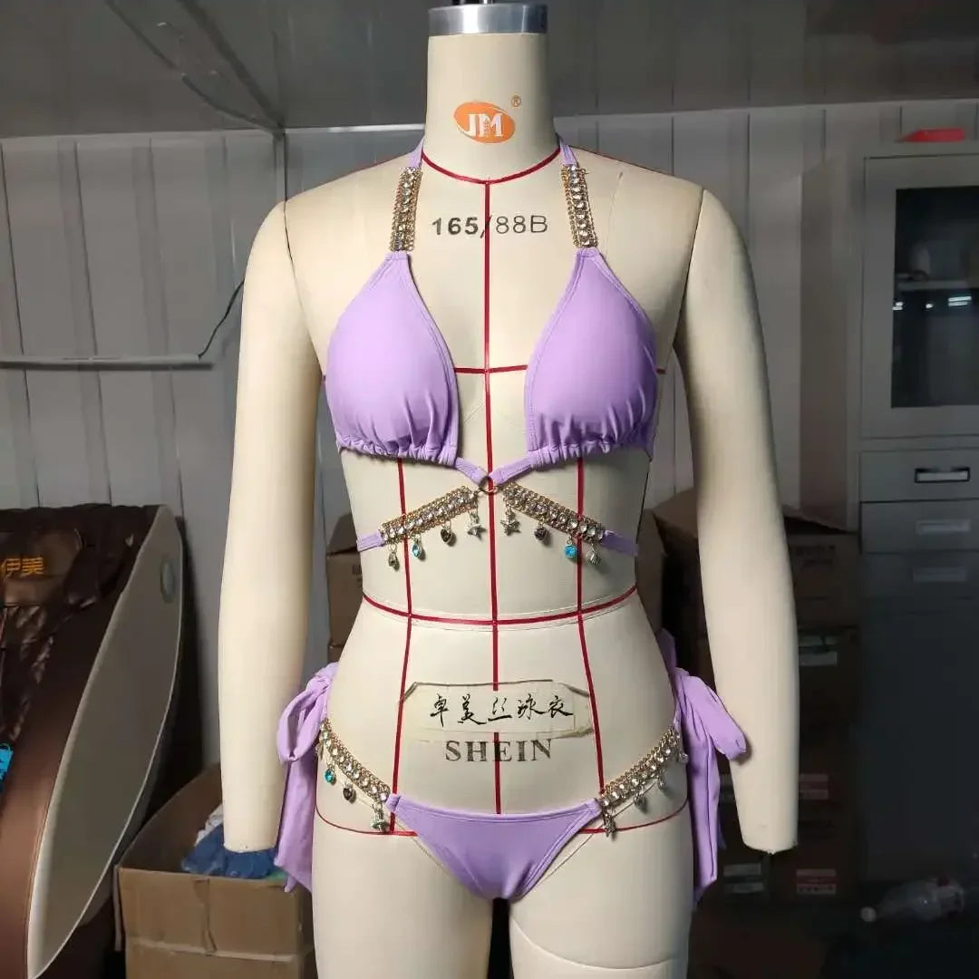 Rhinestone Bikini 2022 Women Solid Black Crystal Diamond Swimsuit Lady Luxury Metal Chain Bandage Bathing Suit Thong Swimwear