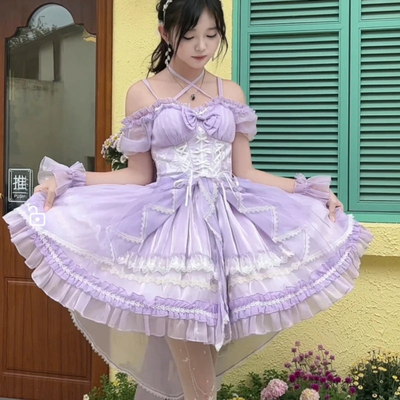 Lolita Sweet Girl Princess Dress Spring and Summer Off Shoulder Women's Short Sleeve Slim OP/JSK Short Ball Gown Dress