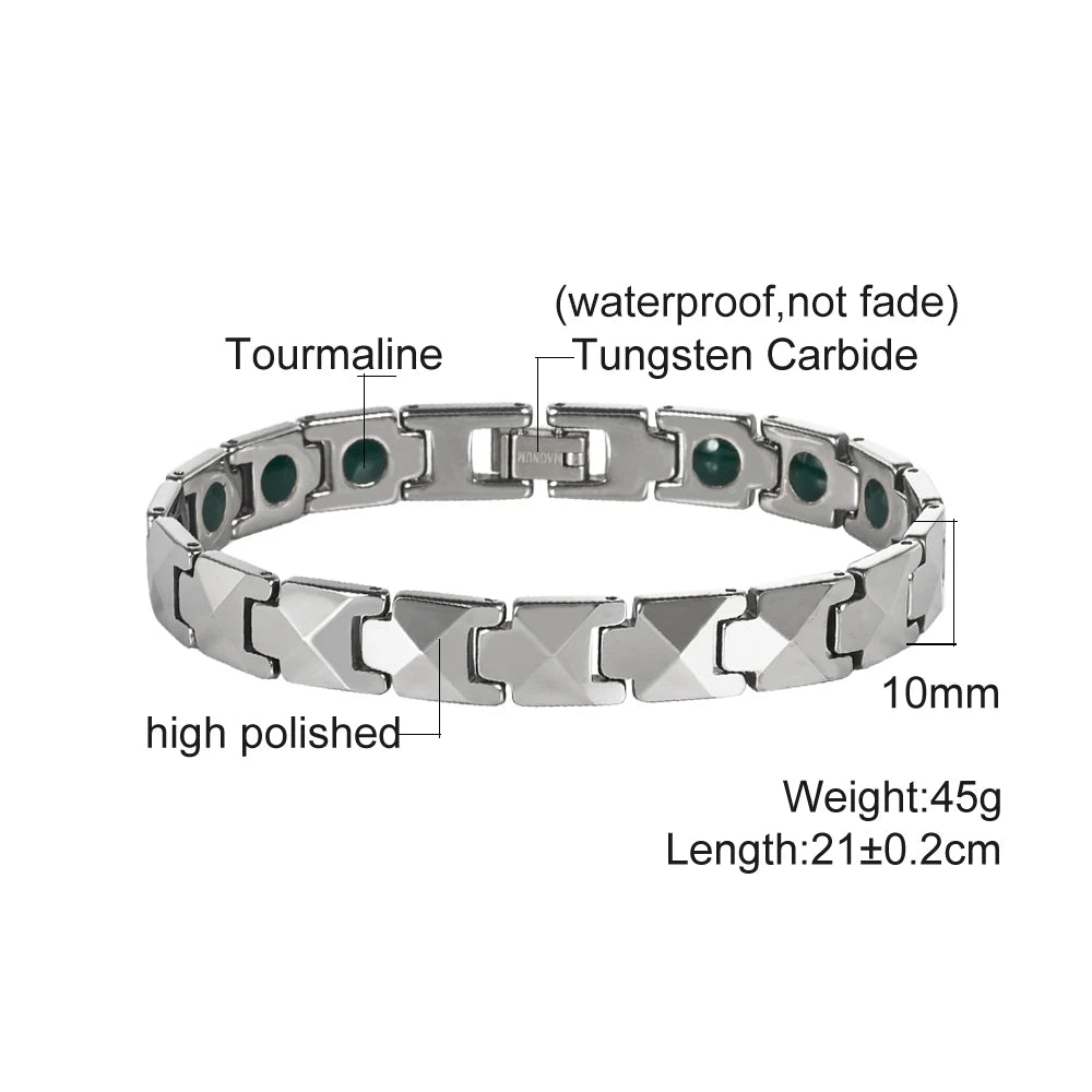 Vinterly Arrow Bracelets Tungsten Carbide Green Tourmaline Health Energy Link Chain Jewelry for Men Waterproof Anti-scratch 21cm