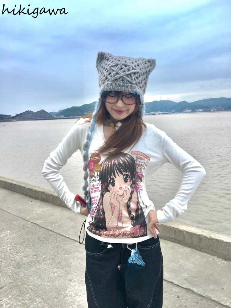 Cute T Shirt Women's Clothing Long Sleeve Slim Waist Anime Tees Y2k Tops 2025 Ropa Mujer Casual Fashion Japanese T-shirts 63c405