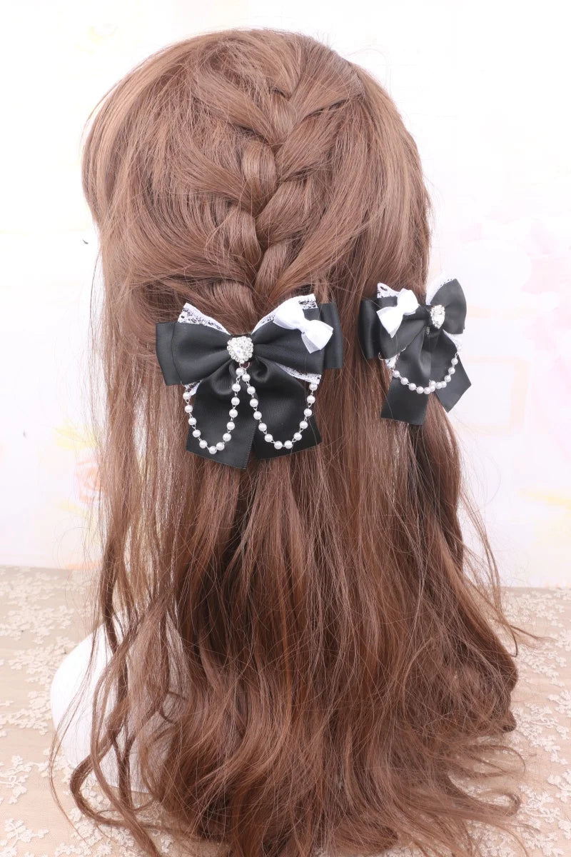 1 Pair Jirai Kei Bow Hair Accessories Women's Hairclips Sweet Y2K Lolita Bow Chic Chains Decor Women's Barrettes Hair Pin