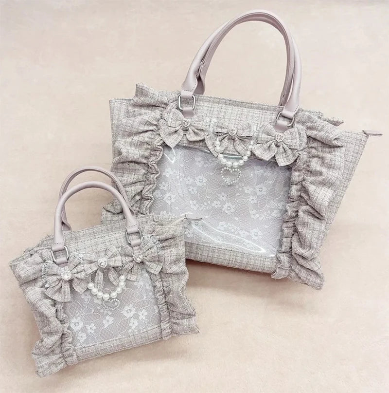 Japanese Style Mine Ita Bag Ruffled Lace Women Girls Rhienstone Pearl Bowknot Square Tote Shoulder Portable Bolso Handbags