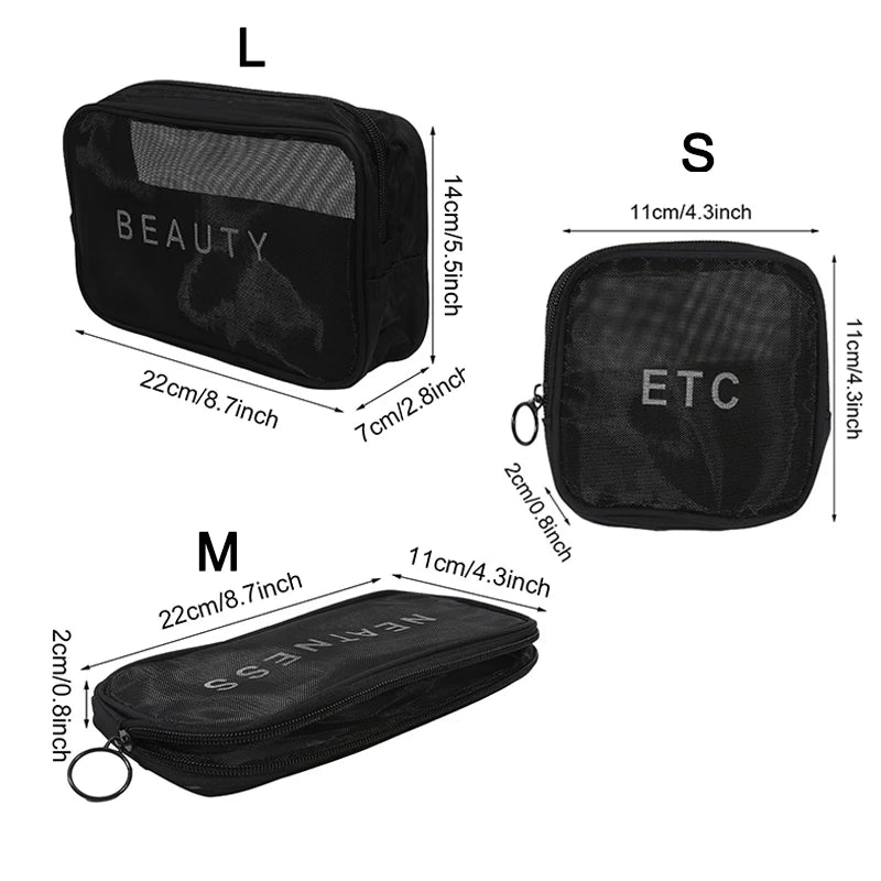 Transparent Mesh Makeup Bag Women Travel Toiletry Wash Cosmetic Bag Storage Case Letter Printed Zipper Make Up Bags 3 Size
