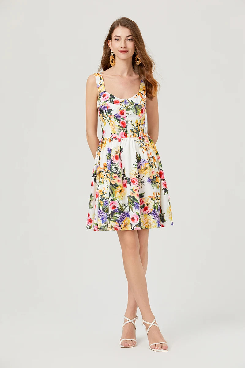 2024 Summer Fashion Short Boho Dress Women Mini Floral Print Dress Female Sleeveless Hanging Belt Printed Waist Folded Dress