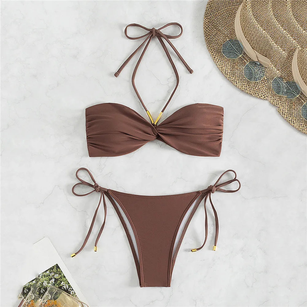 Brown Swimwear String Halter Bandeau Bikinis Sets Micro Thong Sexy Swimsuit Women Back Knotted Bathing Suit Bikini Mujer 2025