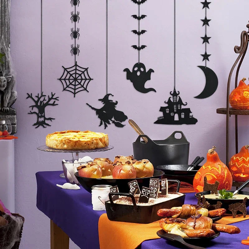 6pcs Halloween Hanging Banner Garland Scary Spider Witch Ghost Bat Pendant Ornament Happy Halloween Party Decorations for Home