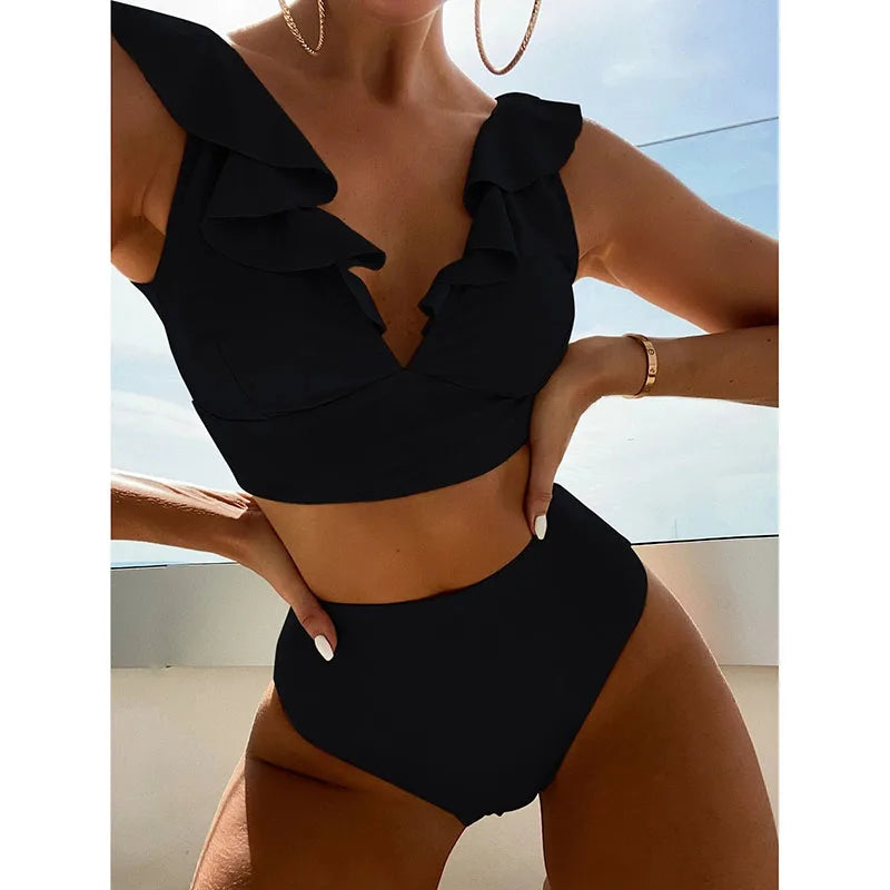 Riseado High Waist Bikinis Set Ruffle Shoulder Sexy Plunging Swimwear Women Bathing Suit Summer Beachwear