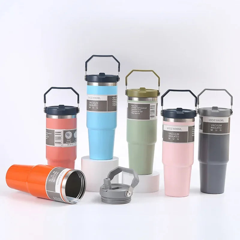 Stainless Steel Thermos Cup with Straw, Portable Car Cup, Travel Sports Water Bottle, Handle Cover, Coffee Vacuum Flask, 30oz