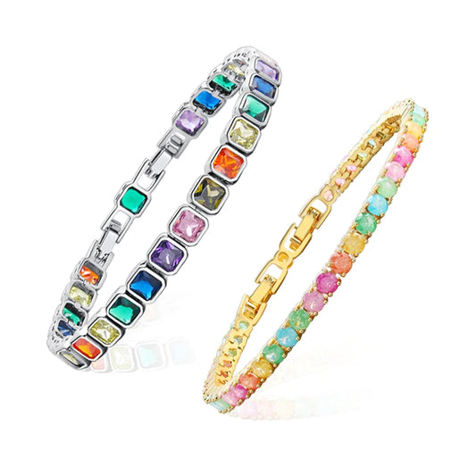 MHS.SUN 2024 New Luxury Rainbow Crystal Tennis Bracelet For Women Colorful Zirconia Femme Bridal Wedding Jewelry Christmas Gift